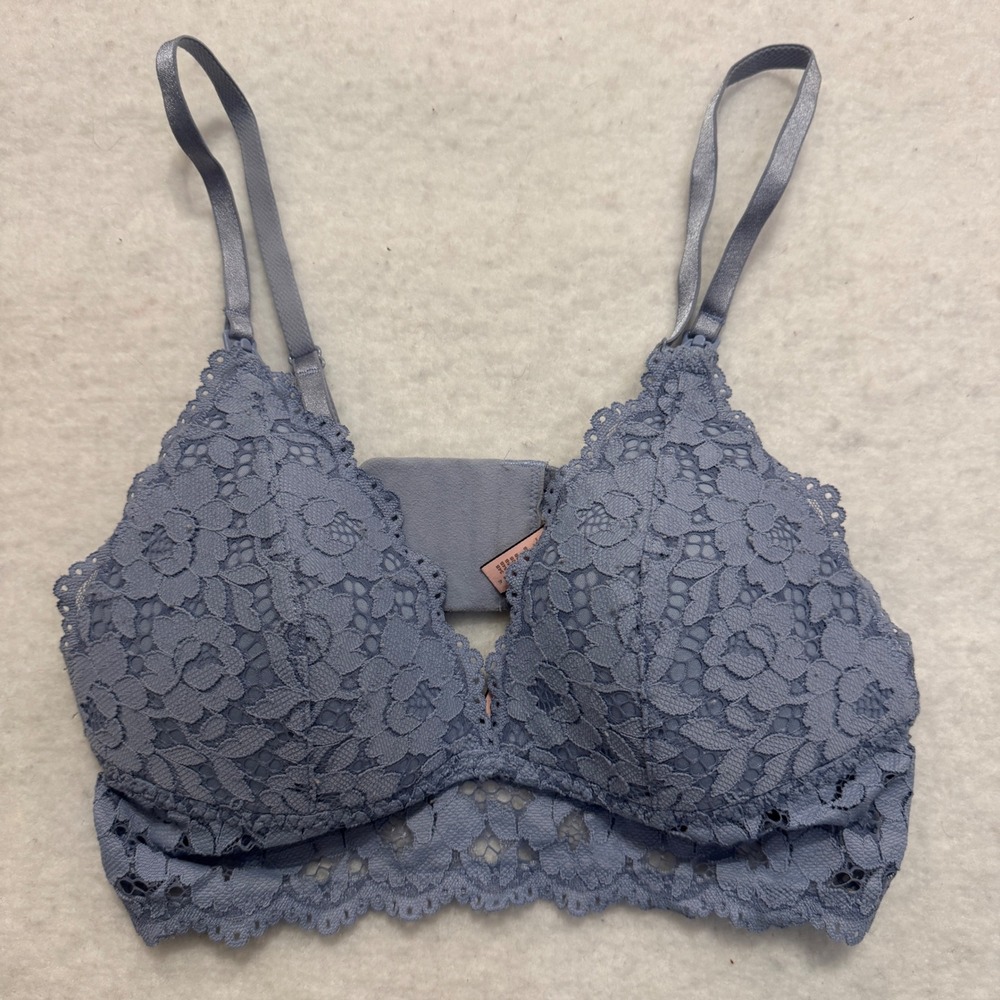 Momanda Women‎ Floral Lace Bralette Wireless V-Neck Blue Gray 34B